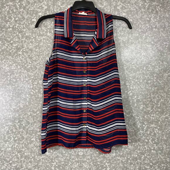 Thyme & Honey Blue Striped Sleeveless Button Up Shirt - Size Small - Semi Sheer - Picture 1 of 6
